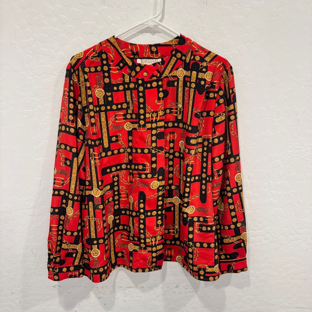 Vintage Jordan Equestrian Blouse Women’s 14  
Red Gold Black Old Money